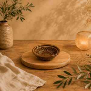 Handgemaakt keramisch rond Lotus schaaltje Lanna in bruin op houten tafel in warme sfeervolle setting