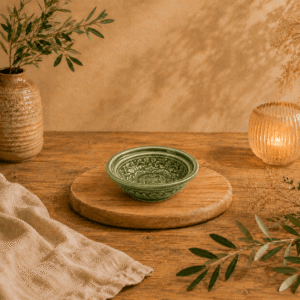 Handgemaakt keramisch rond Lotus schaaltje Lanna in groen op houten tafel in warme sfeervolle setting