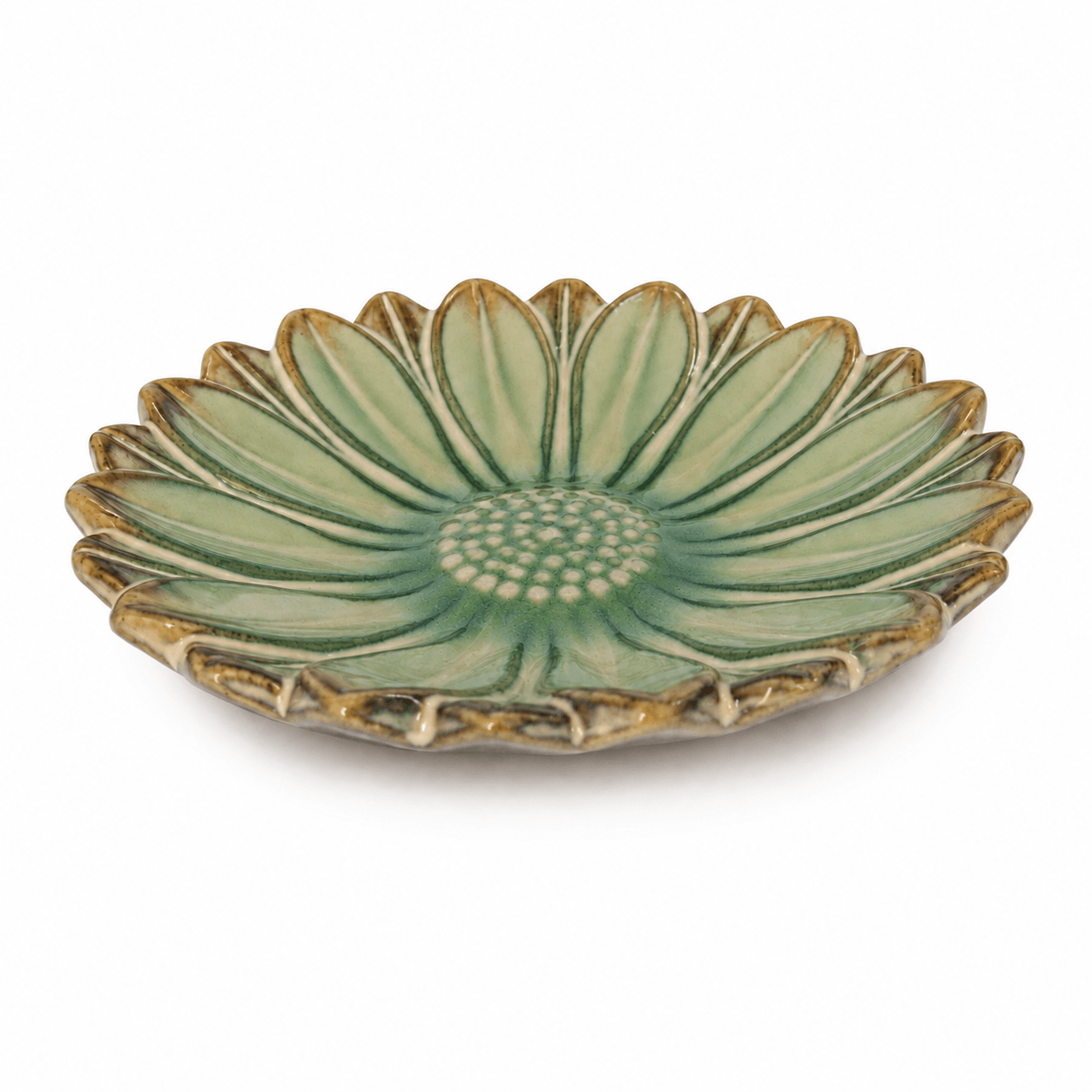 Groen-bruin bloemenschaaltje van 13 cm met bloemvormig reliëf en decoratieve bruin afgewerkte bladranden.