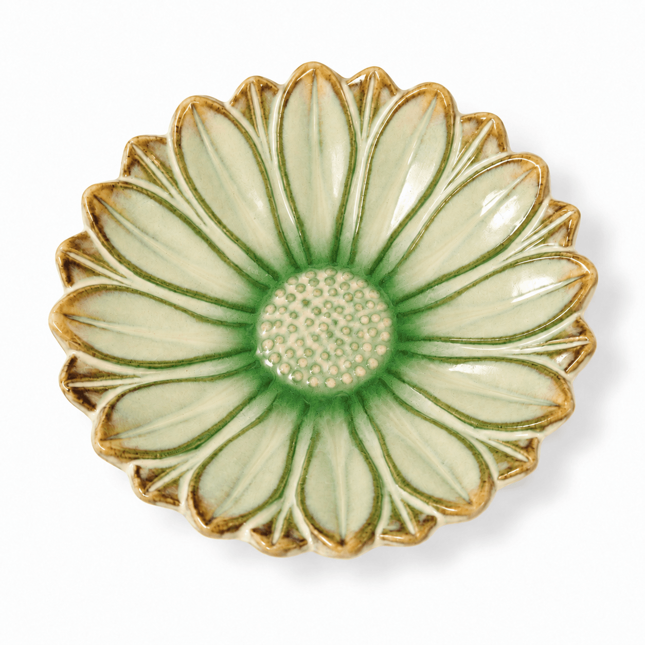 Groen-bruin bloemenschaaltje van 13 cm met reliëf van bloembladeren, van bovenaf gezien.