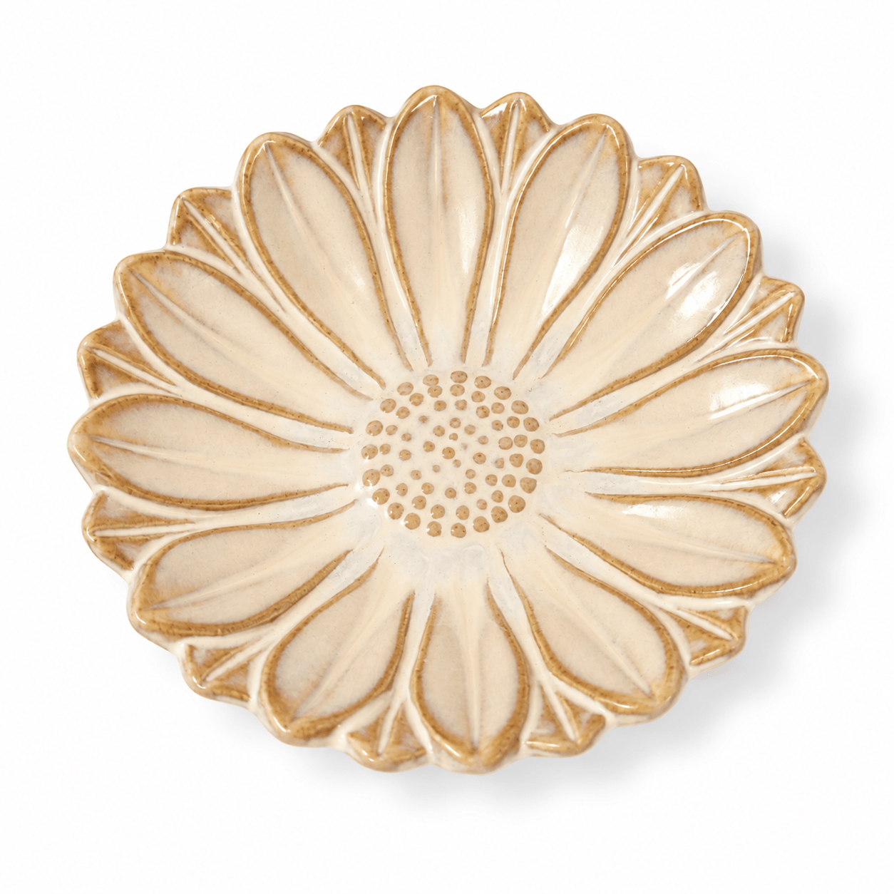 Creme-bruin bloemenschaaltje van 13 cm met reliëf van bloembladeren, van bovenaf gezien.