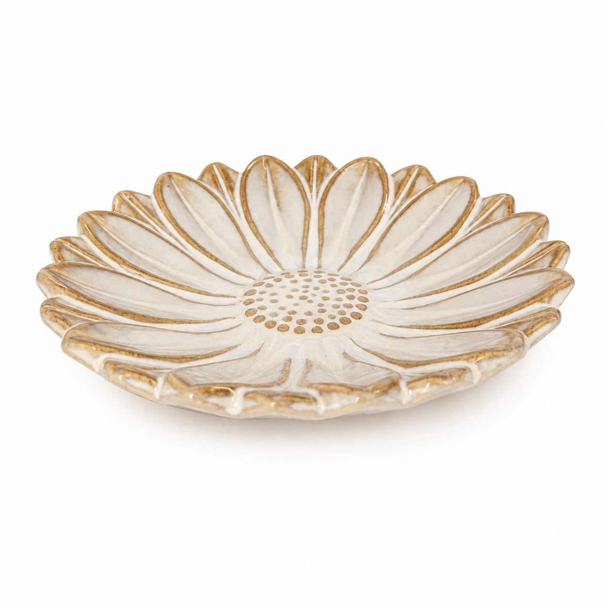 Creme-bruin bloemenschaaltje van 13 cm met bloemvormig reliëf en decoratieve bruin afgewerkte bladranden.
