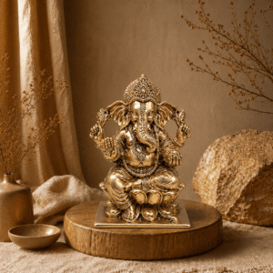 Ganesha beeld Lotus in champagnegoud op een houten plateau in een rustige, stijlvolle woonomgeving met natuurlijke decoratie.