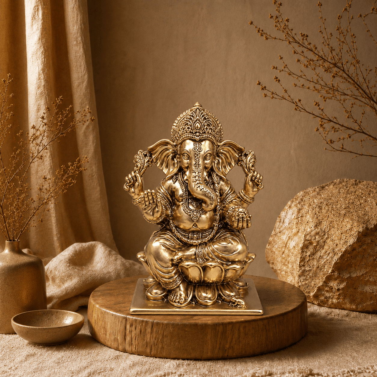 Ganesha beeld Lotus in champagnegoud op een houten plateau in een rustige, stijlvolle woonomgeving met natuurlijke decoratie.