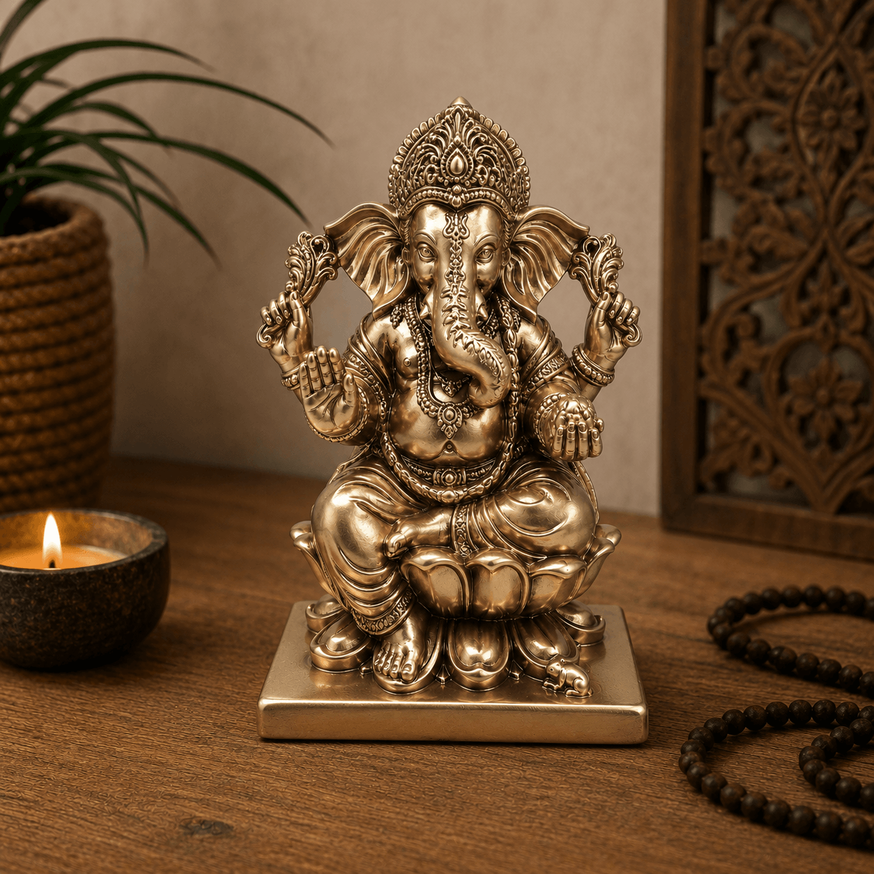 Ganesha beeld Lotus in champagnegoud op een houten tafel met kaars, kamerplant en sfeervolle woondecoratie.