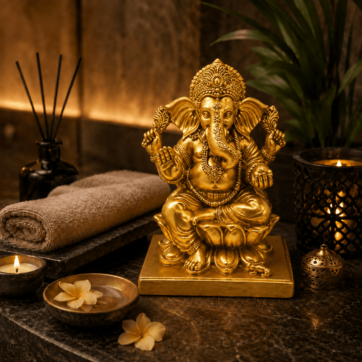 Goudkleurig Ganesha beeld Lotus in een warme spa-omgeving met kaarsen, handdoek en wellnessdecoratie.