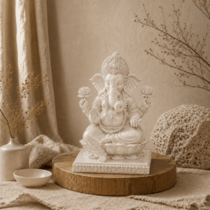 Ivoorkleurig Ganesha beeld Lotus op een houten plateau in een rustige woonomgeving met natuurlijke decoratie.