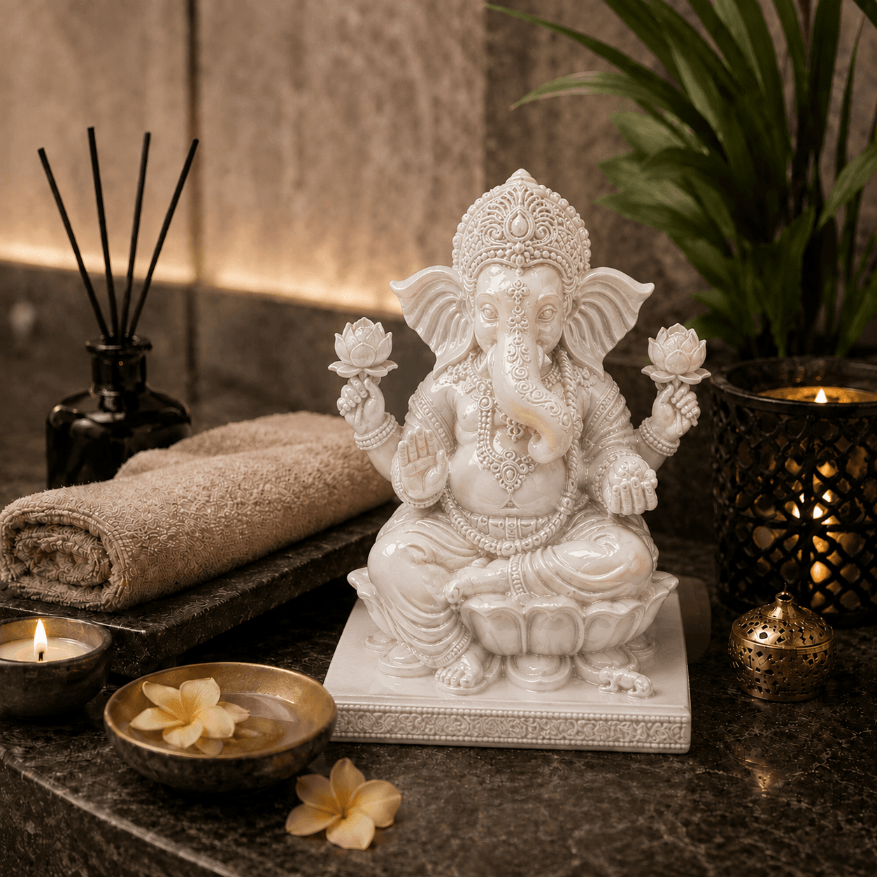 Ivoorkleurig Ganesha beeld Lotus in een luxe spa-omgeving met kaarsen, bloemen en rustgevende wellnessdecoratie.