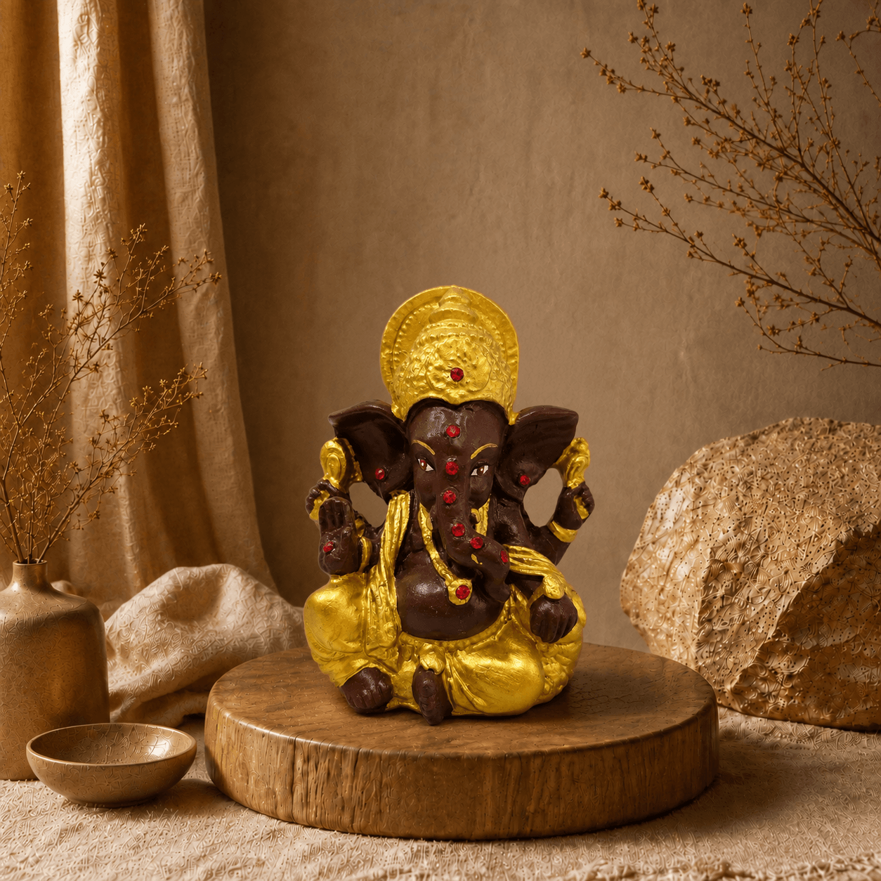 Donkerbruin-gouden Ganesha Beeld Maharaja op een decoratief plateau in een warm sfeervol interieur.