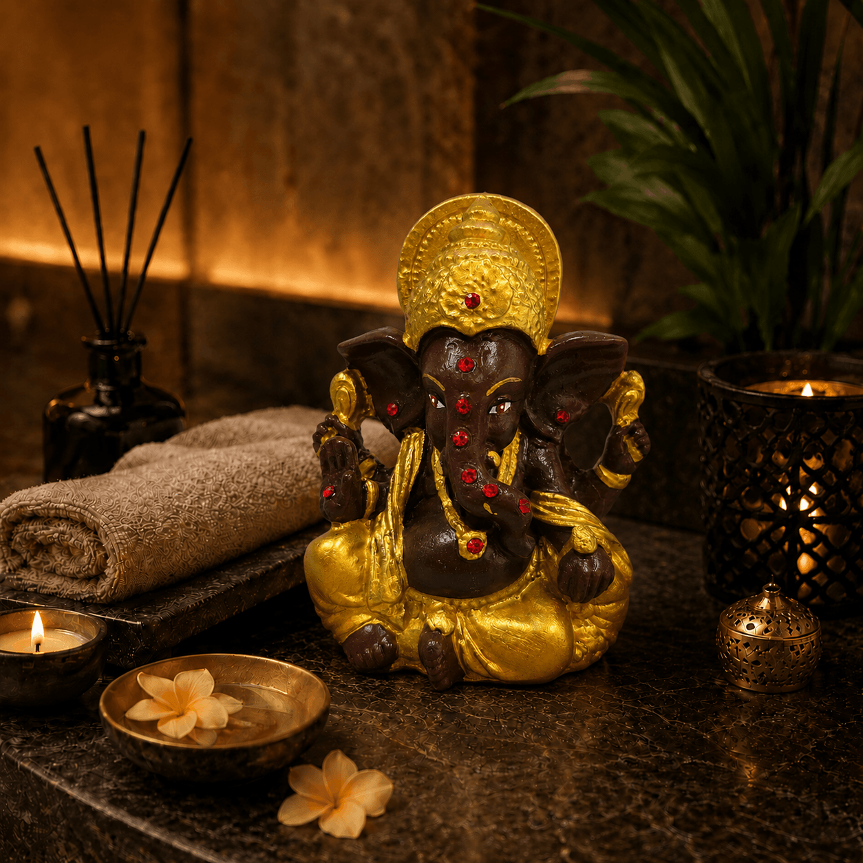 Ganesha Beeld Maharaja in donkerbruin en goud als spirituele decoratie tussen kaarsen, bloemen en wierook.