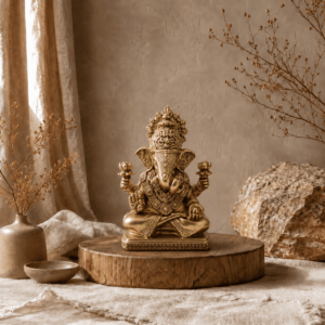 Gouden Ganesha beeld Maharaja op een houten plateau in een warme natuurlijke woonsetting met linnen en aardetinten