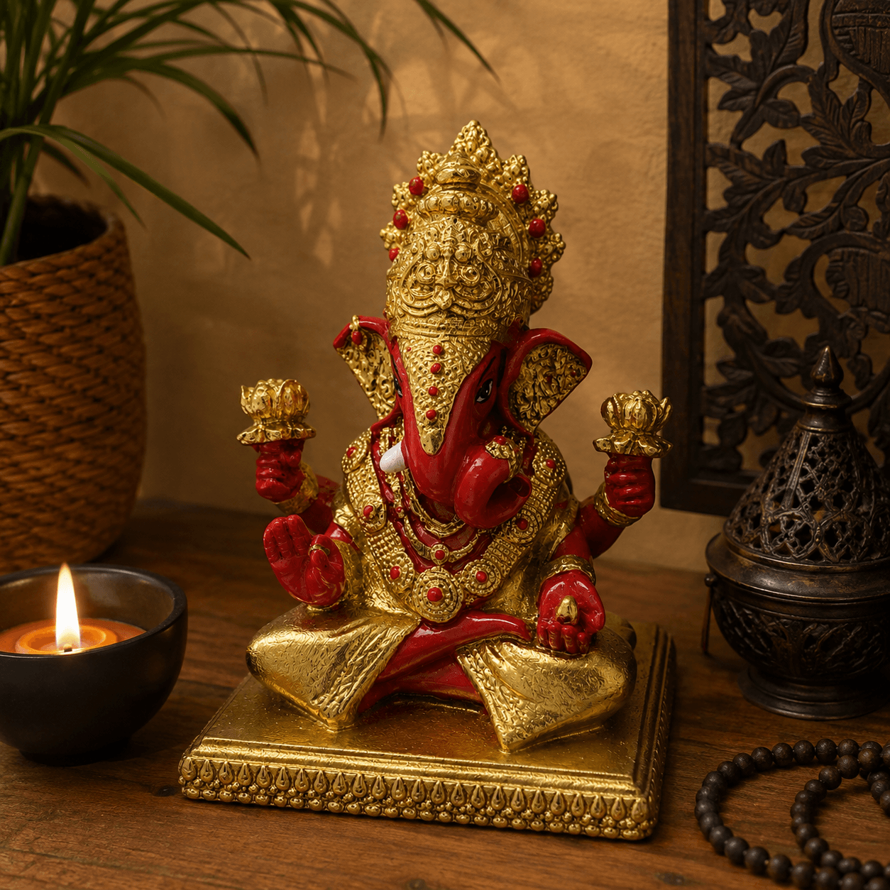Ganesha Beeld Maharaja Rood Goud - Afbeelding 3