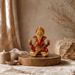 Ganesha beeld Maharaja in rood en goud in een wellnesssetting met orchideeën, bamboe, kaarslicht en zwarte stenen