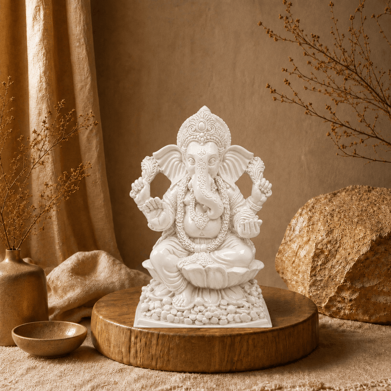 Wit Ganesha Beeld Padma op een goudkleurig plateau in een warm en sfeervol interieur.