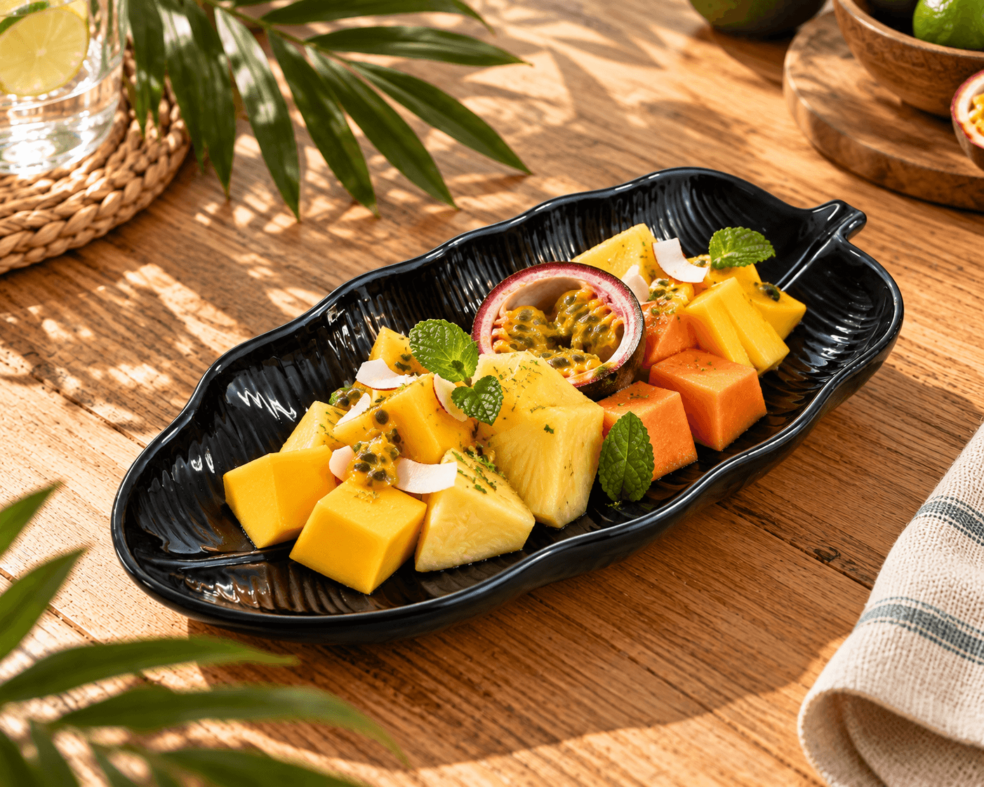 Zwarte keramische schaal in de vorm van een bananenblad, gevuld met mango, ananas, papaja, passievrucht en munt.