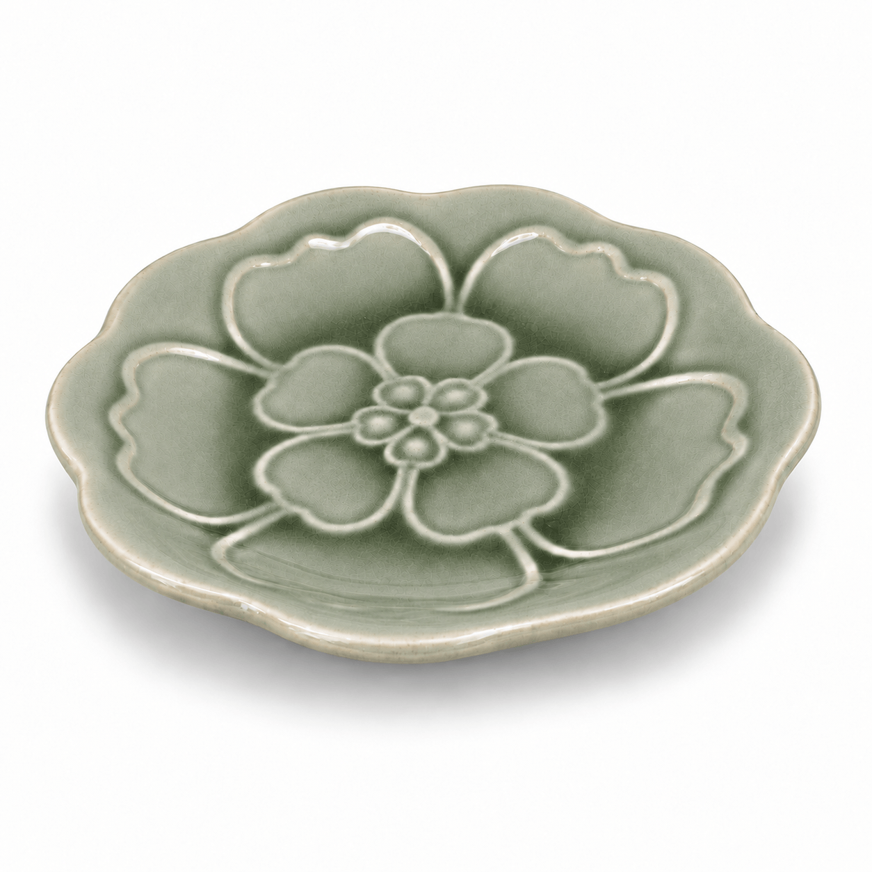 Groen bloembordje van 13,5 cm met reliëf van bloembladeren en een golvende rand.
