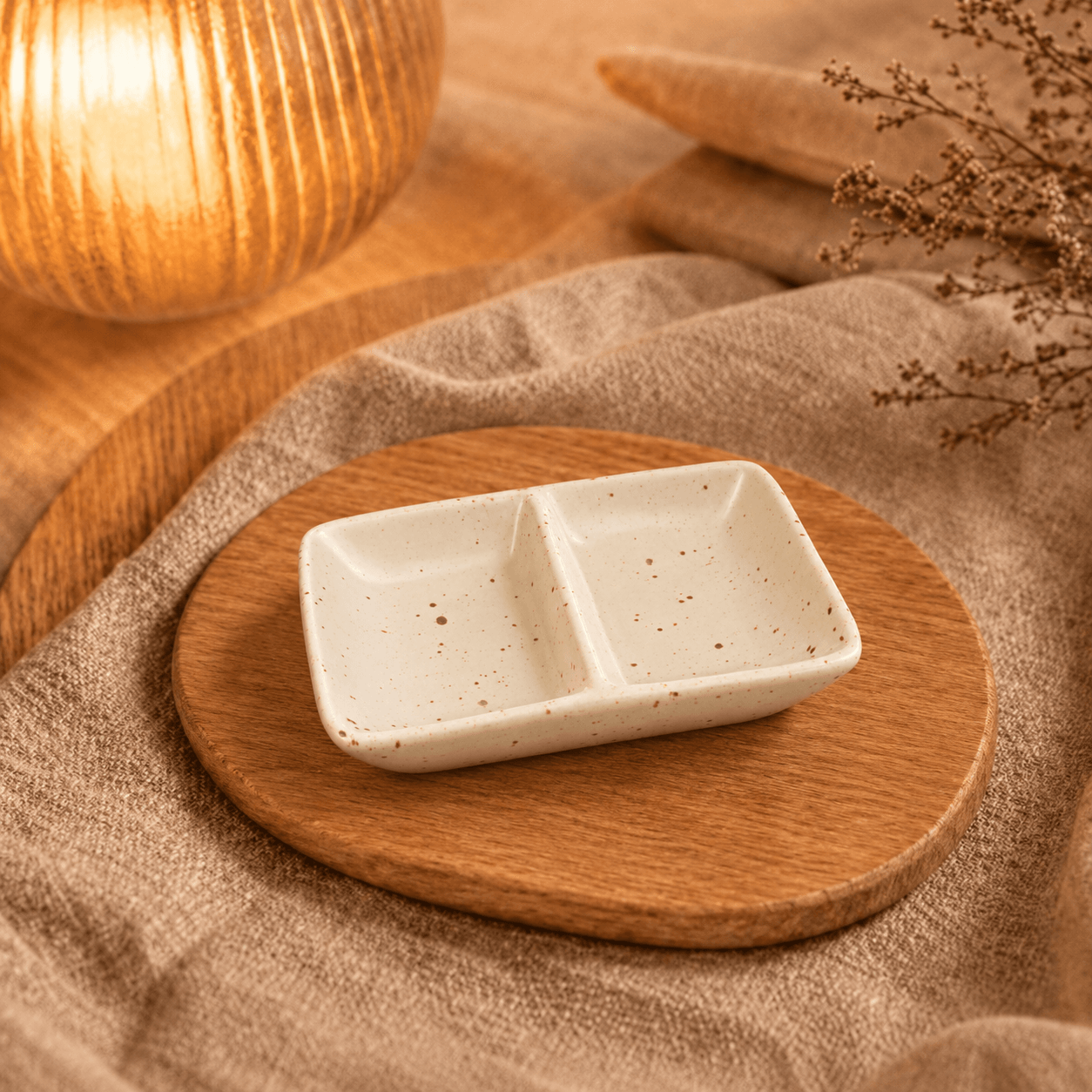 Wit gespikkeld dipschaaltje Dao met twee vakken, sfeervol gepresenteerd op een houten plank.