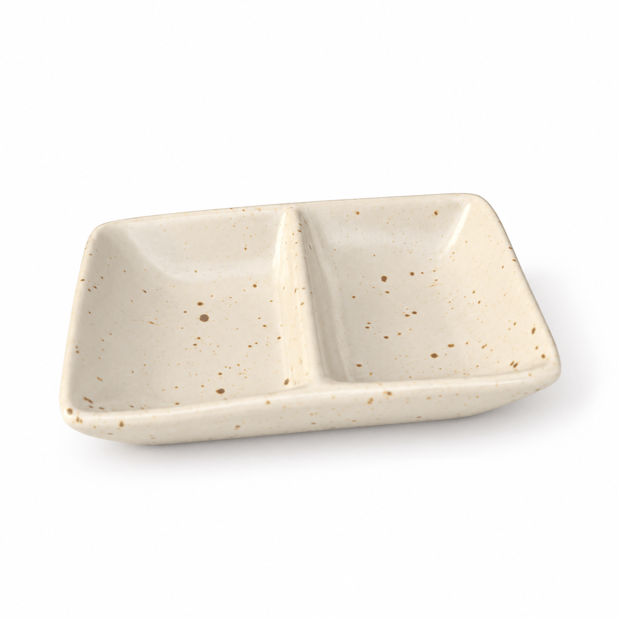 Wit gespikkeld dipschaaltje Dao met twee afzonderlijke vakken.