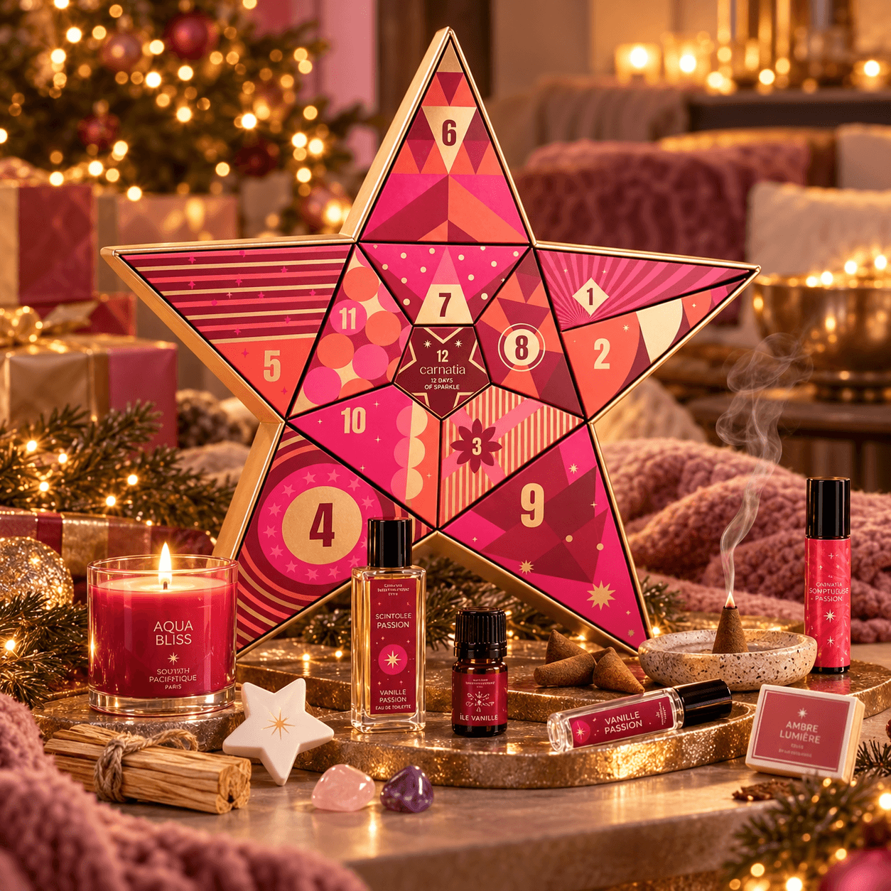 Carnatia 12 Days of Sparkle adventskalender in roze en rood met gouden details, omringd door geurkaarsen, parfum, aromaolie, wierook en edelstenen in een warme kerstsetting.