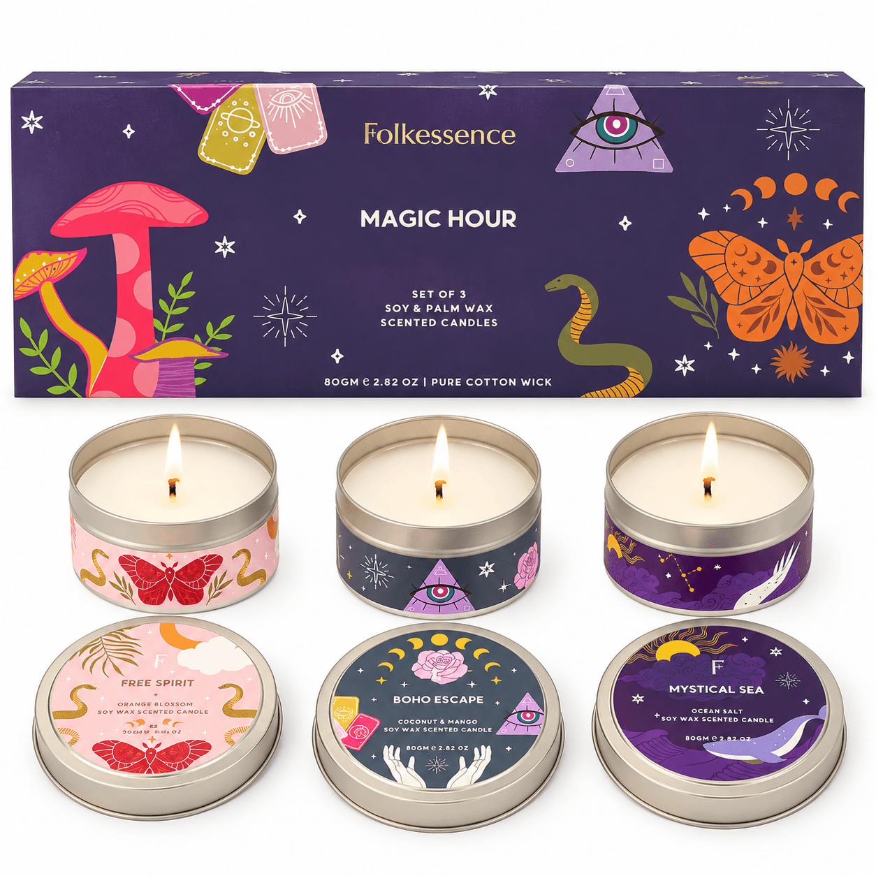 Geopende Folkessence Magic Hour geschenkdoos met drie geurkaarsen in ronde metalen blikjes met gouden randen en kleurrijke etiketten.