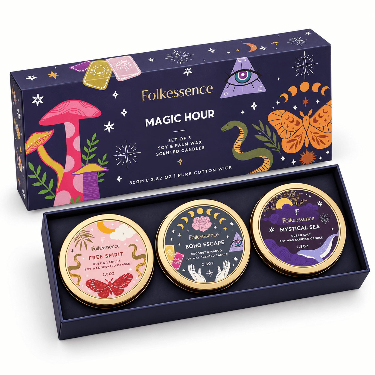 Geopende Folkessence Magic Hour geschenkdoos met drie geurkaarsen in ronde metalen blikjes met gouden randen en kleurrijke etiketten.