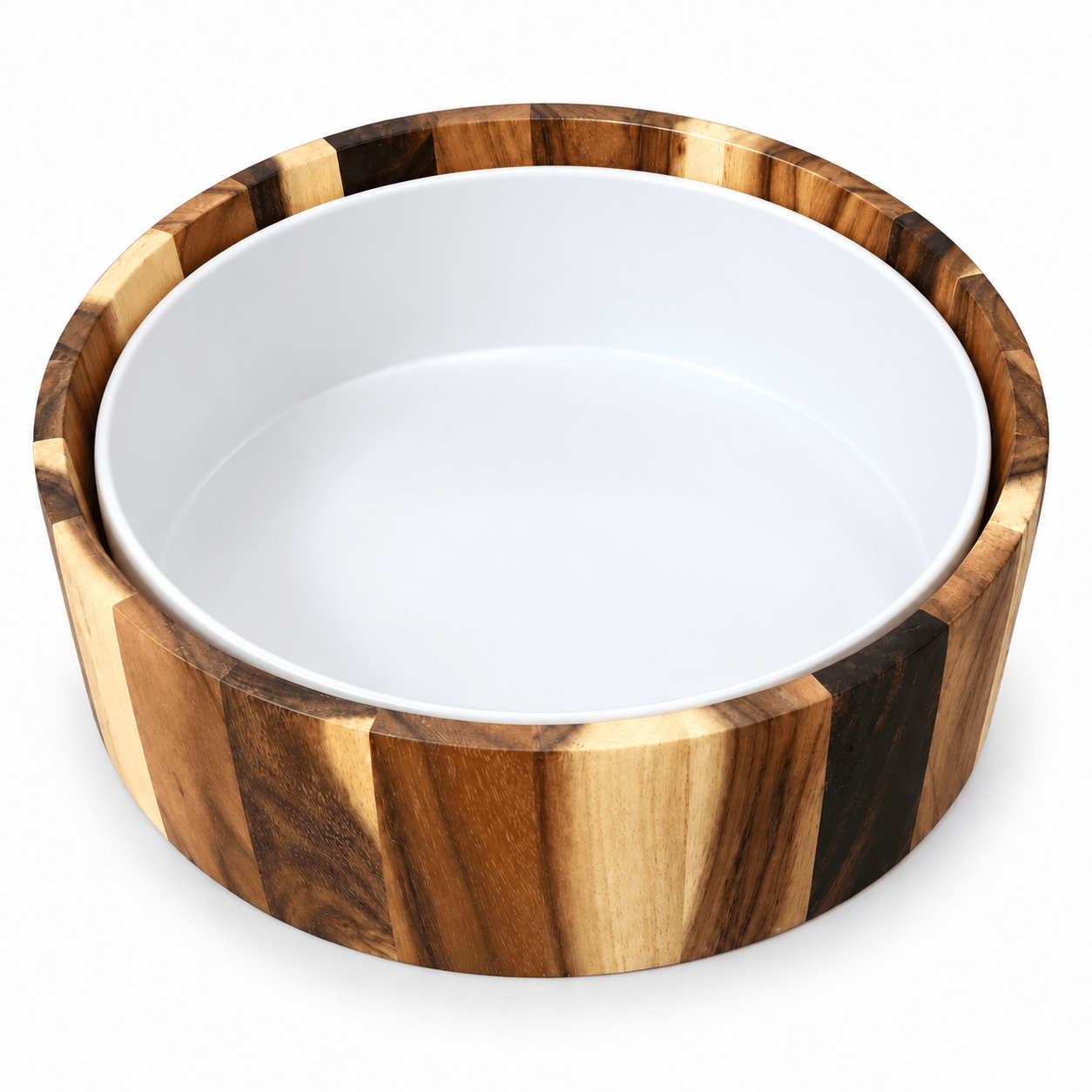 Rond houten voetenbad met een diameter van 35 cm en een witte kunststof inzetbak, afgebeeld tegen een witte achtergrond.