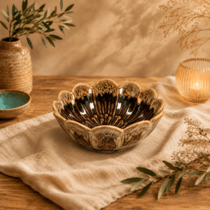 Bruine keramieken lotuskom van 13 cm op een beige linnen doek en houten tafel, sfeervol gecombineerd met olijftakken, een aardewerken vaas en warm kaarslicht.