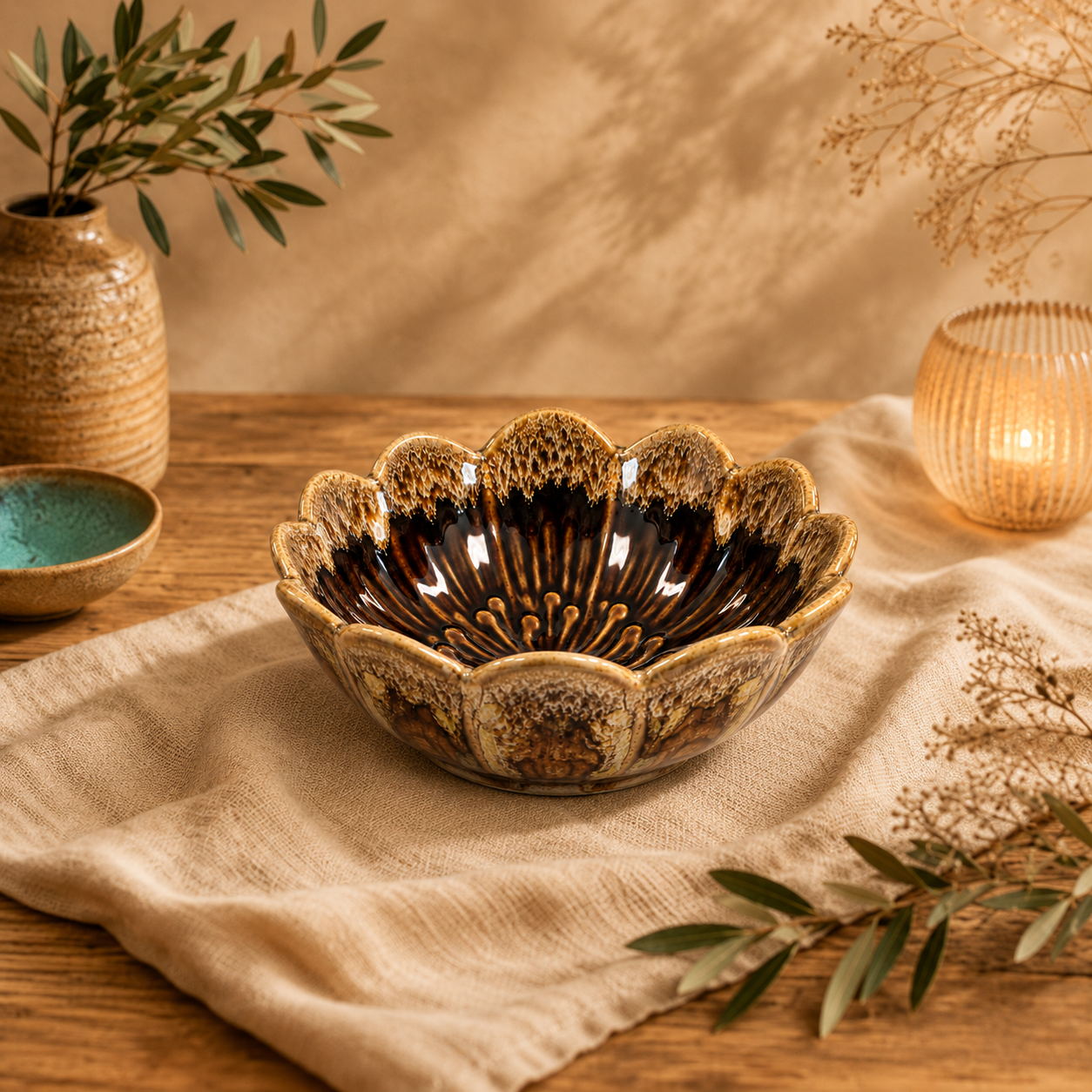 Bruine keramieken lotuskom van 13 cm op een beige linnen doek en houten tafel, sfeervol gecombineerd met olijftakken, een aardewerken vaas en warm kaarslicht.