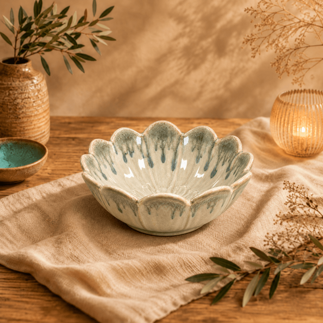 Grijs-groene keramieken lotuskom van 13 cm op een beige linnen doek en houten tafel, sfeervol gecombineerd met olijftakken, een aardewerken vaas en warm kaarslicht.