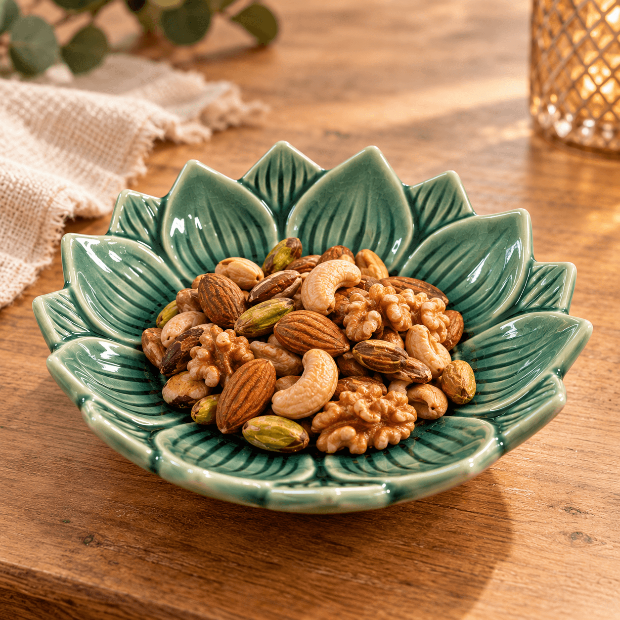 Donkergroen keramieken lotusschaaltje van 10 cm gevuld met amandelen, cashewnoten, walnoten en pistachenoten op een houten tafel.