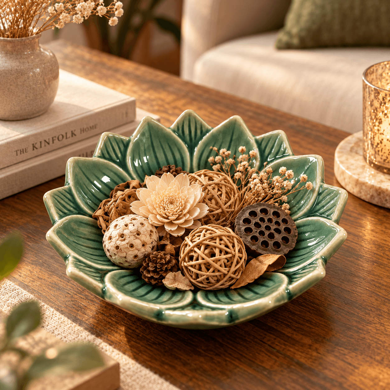 Groen keramieken lotusschaaltje van 9 cm gevuld met droogbloemen, rotanballen, een decoratieve bloem en natuurlijke materialen op een houten salontafel.