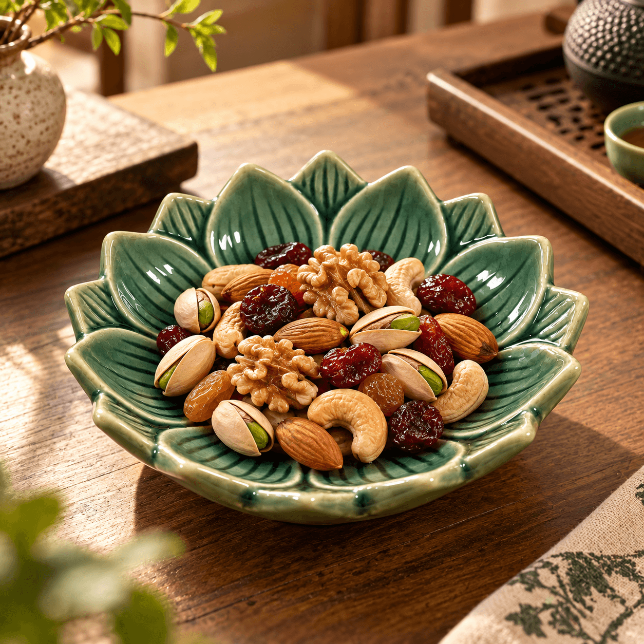 Groen keramieken lotusschaaltje van 9 cm gevuld met amandelen, walnoten, cashewnoten, pistachenoten en gedroogd fruit op een sfeervolle houten tafel.