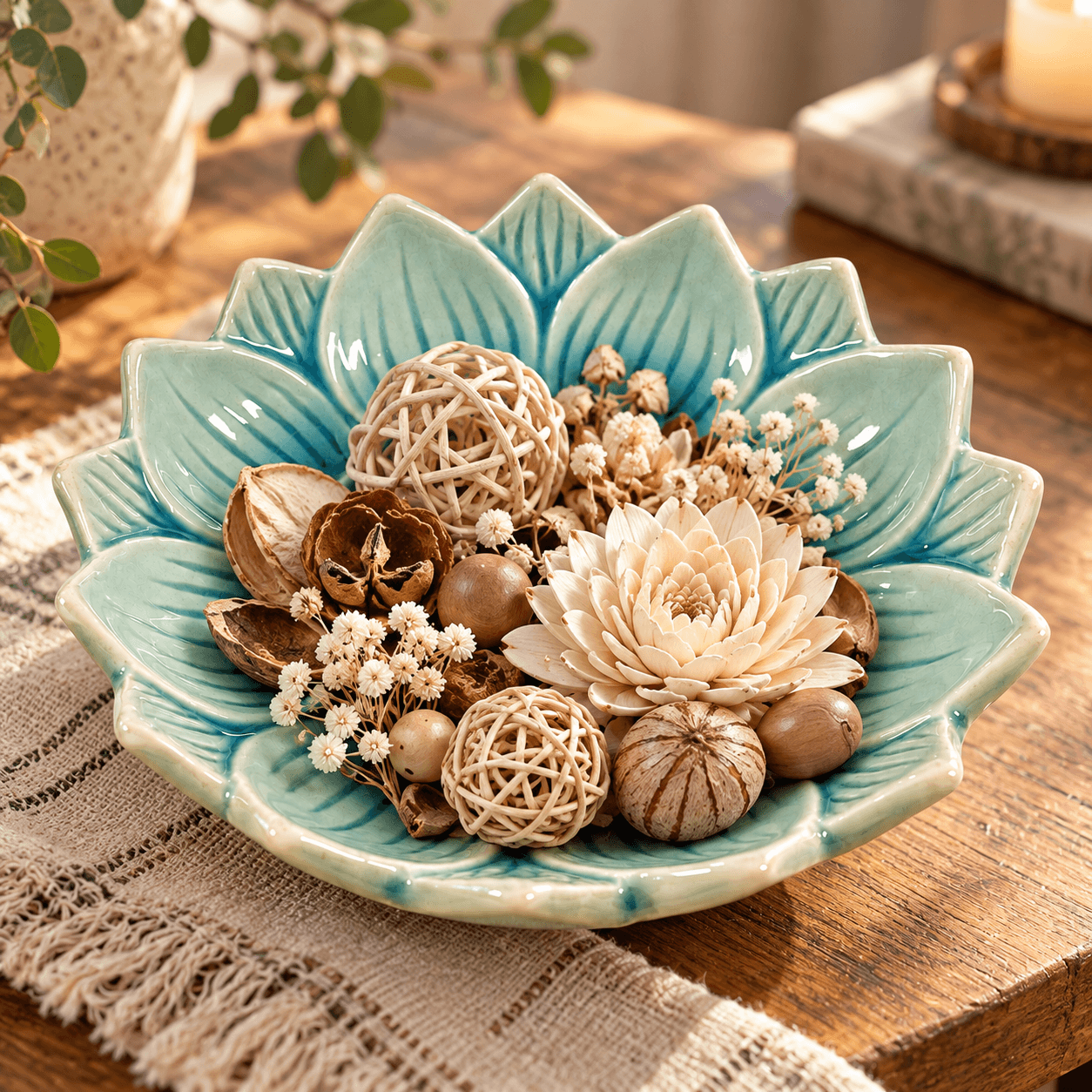 Turquoise keramieken lotusschaaltje van 10 cm gevuld met droogbloemen, decoratieve rotanballen en natuurlijke materialen op een houten tafel met beige linnen.