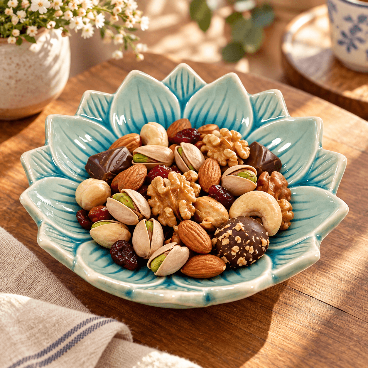 Turquoise keramieken lotusschaaltje van 10 cm gevuld met amandelen, cashewnoten, pistachenoten, walnoten, gedroogd fruit en chocolade op een houten tafel.