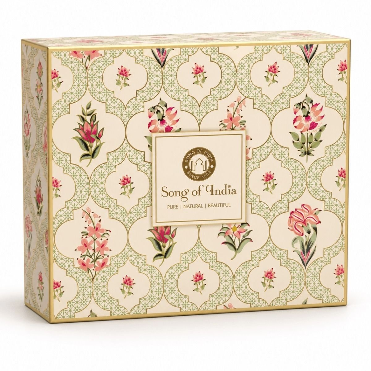 Gesloten geschenkdoos van Song of India met een decoratief bloemenpatroon in roze en groen, goudkleurige details en het merklogo op de voorzijde.