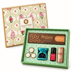 Open Song of India aromatherapie cadeauset Sandelhout met 12 wierookkegels, turquoise keramieken geurbrander, drie waxinelichtjes en een flesje aromaolie van 10 ml in een decoratieve geschenkdoos.