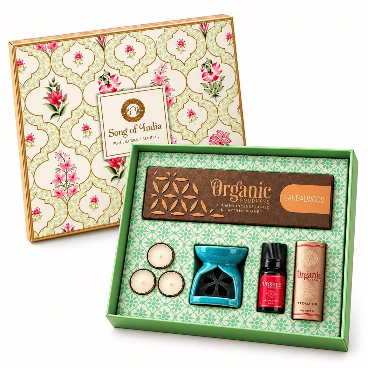 Open Song of India aromatherapie cadeauset Sandelhout met 12 wierookkegels, turquoise keramieken geurbrander, drie waxinelichtjes en een flesje aromaolie van 10 ml in een decoratieve geschenkdoos.